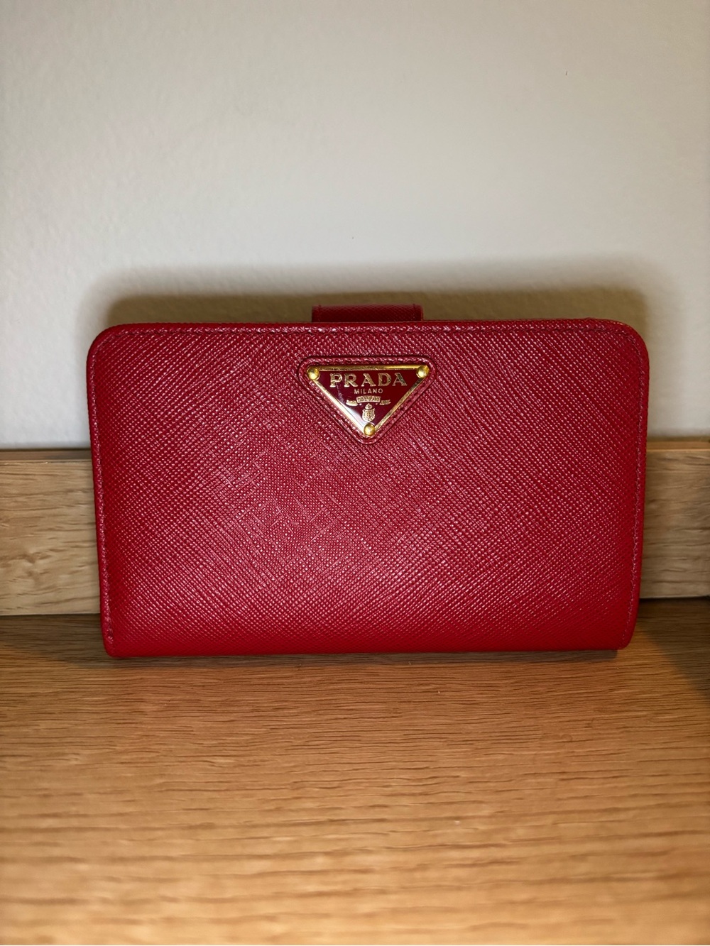 Prada Red Saffiano Compact Wallet with Gold Triangle Logo - Picture 2 of 11